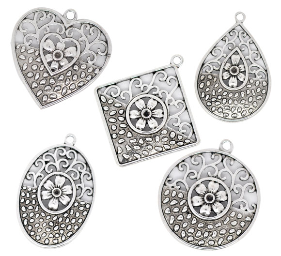 Mixed Silver Tone Hollow Flower Charm Pendants 30x29-37x34mm, Sold Per Packet Of 10