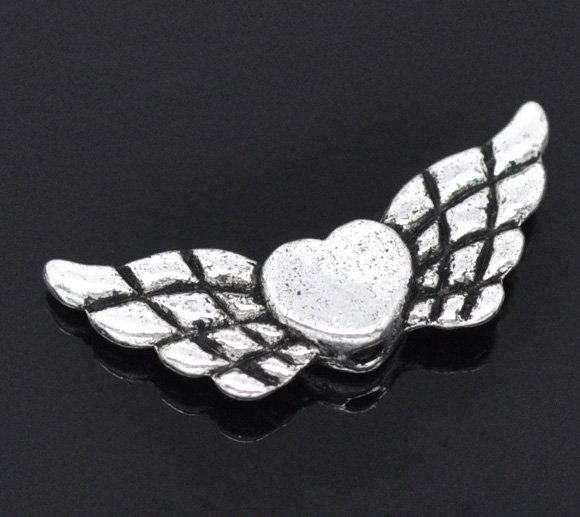 Wholesale - Silver Tone Heart& Wing Spacer Beads 22x9mm, Sold Per Packet Of 30