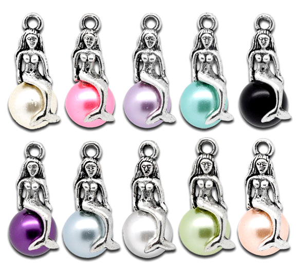 Mixed Silver Tone Mermaid & Pearl Imitation Charm Pendants 22x11mm, Sold Per Packet Of 10