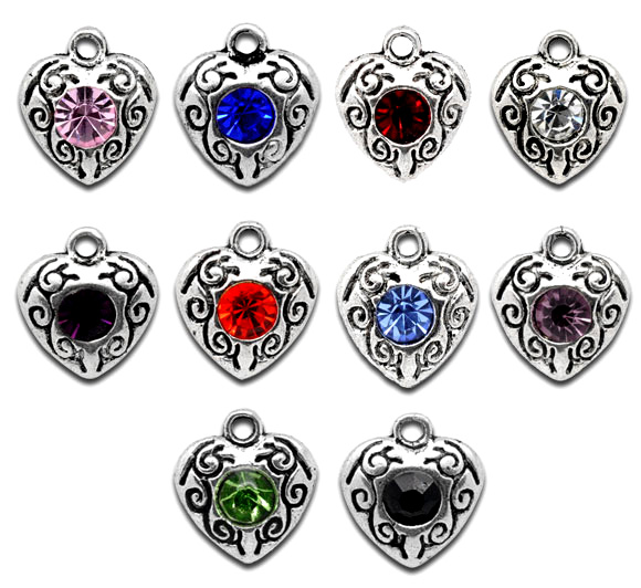 Mixed Silver Tone Rhinestone Love Heart Charm Pendants 12x10mm, Sold Per Packet Of 20