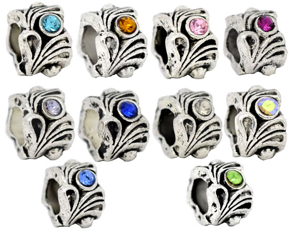 Mixed Silver Tone Rhinestone Flower Beads Fit European Bracelet 12x8mm, Sold Per Packet Of 10